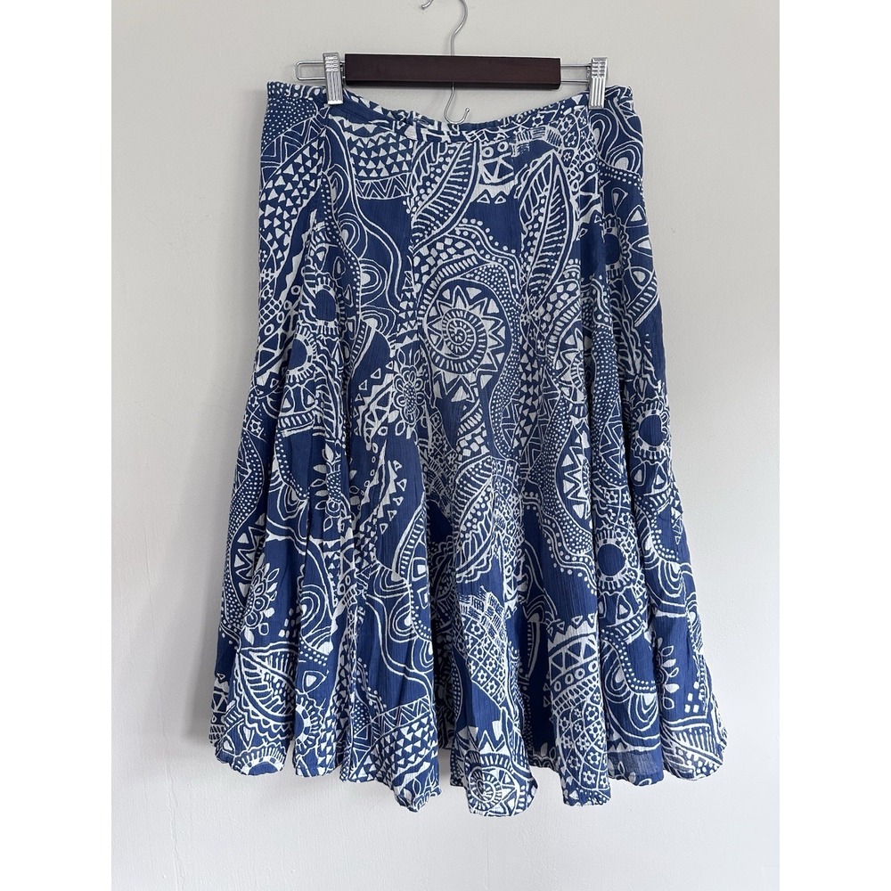 Chicos 100% Linen Cotton Blue Fit Flare Peasant Midi Skirt Paisley Size 1 LARGE